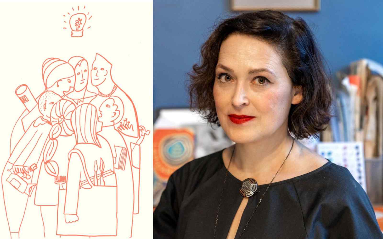 A photograph of artist Hettie Judah alongside an image of her work depicting the outline of people.