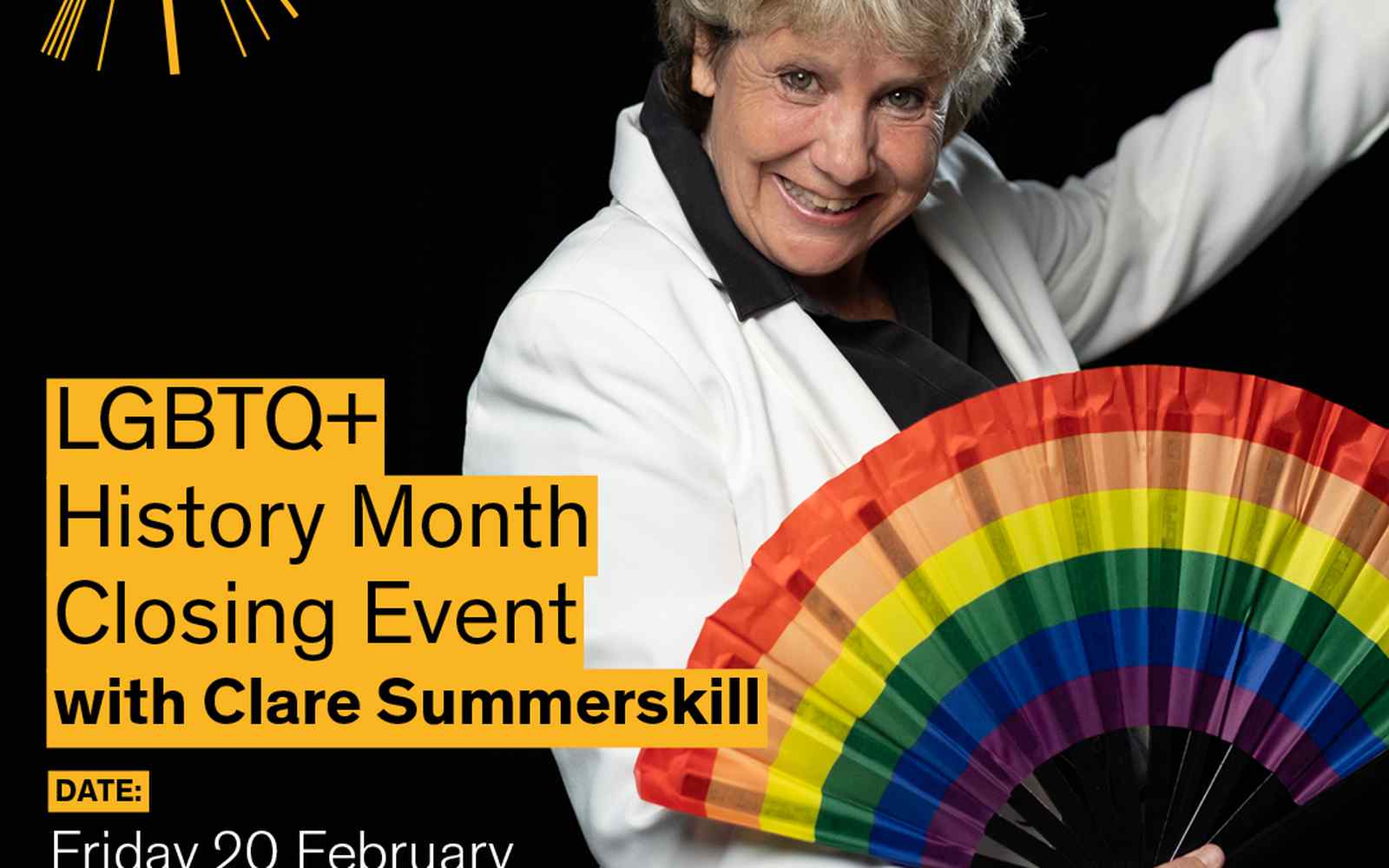 Image of Clare Summerskill with rainbow fan