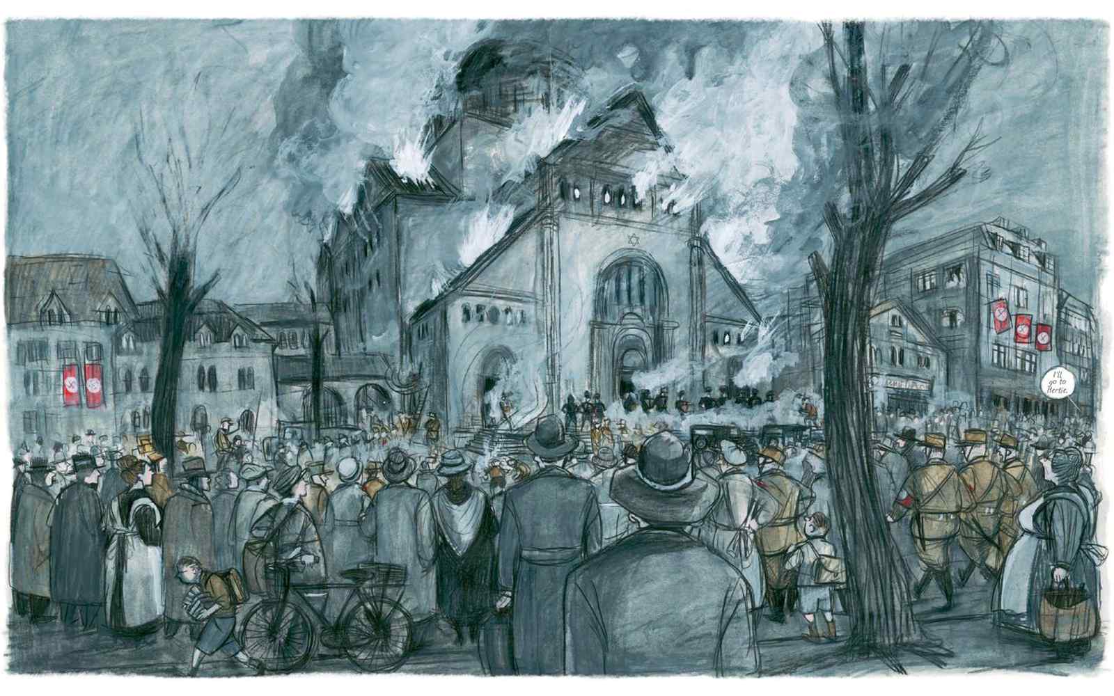 An illistration by Barbara Yelin showing a crown standing infont of a burning synagogue after Kristallnacht.