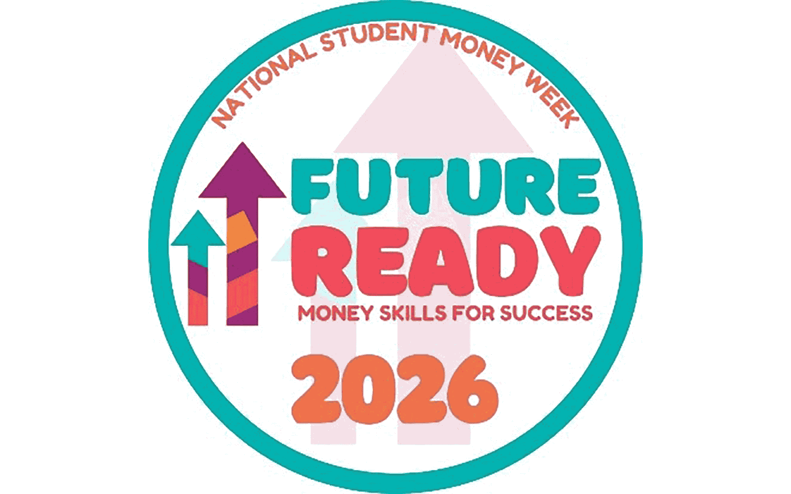 National student money week logo 2026, with blue and burgundy arrows with text reading: Future ready