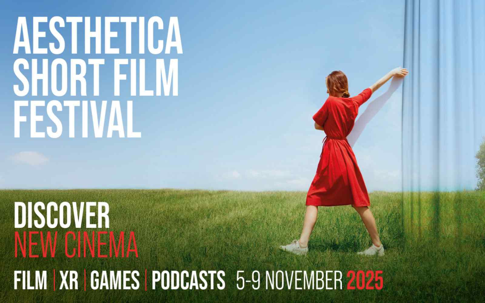 A woman in a red dress walking on grass. Wording says Aesthetica Short Film Festival, discover new cinema, film, XR, games and podcasts. 5 to 9 November 2025