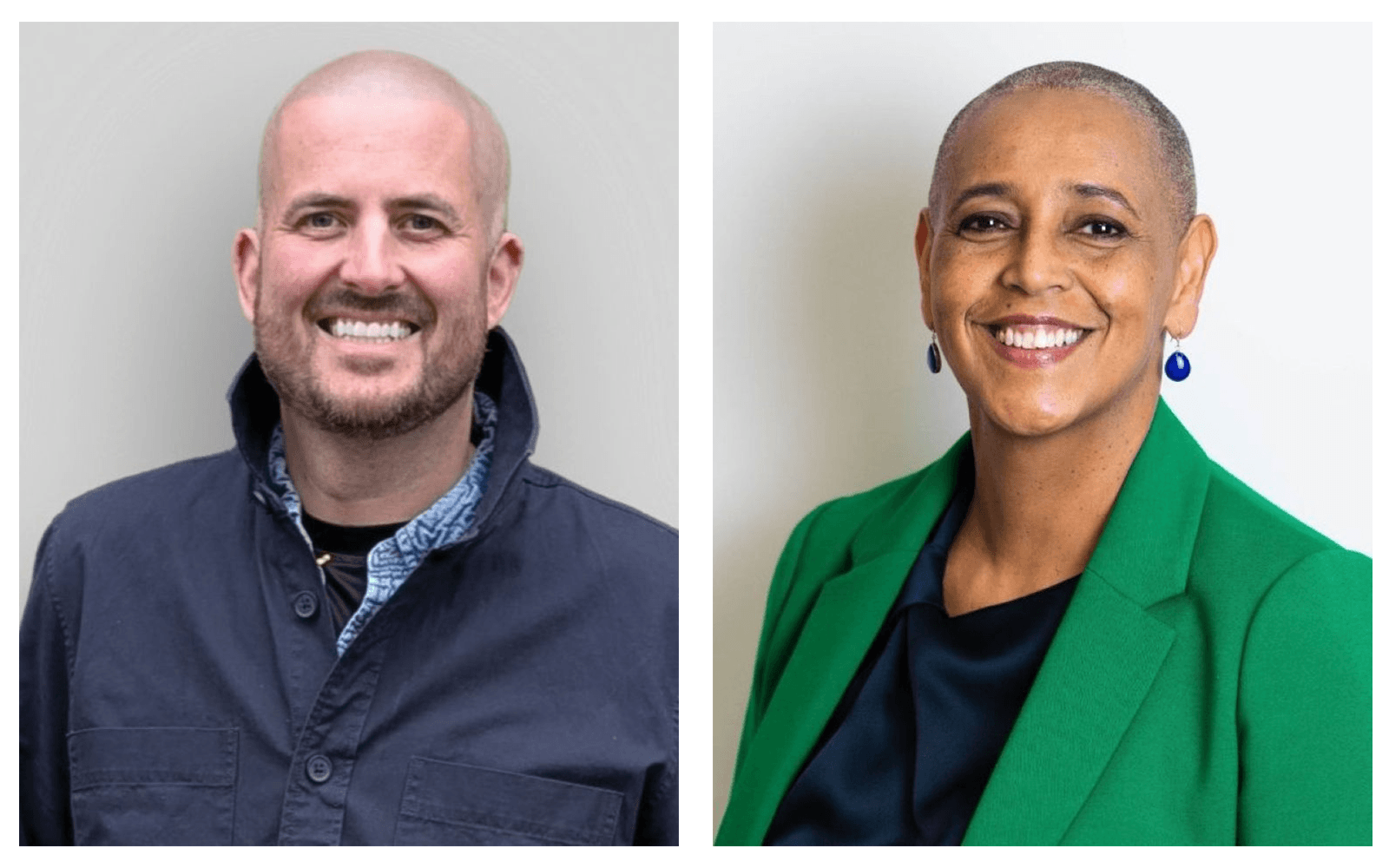 A male looking at the camera next to a female looking at the camera