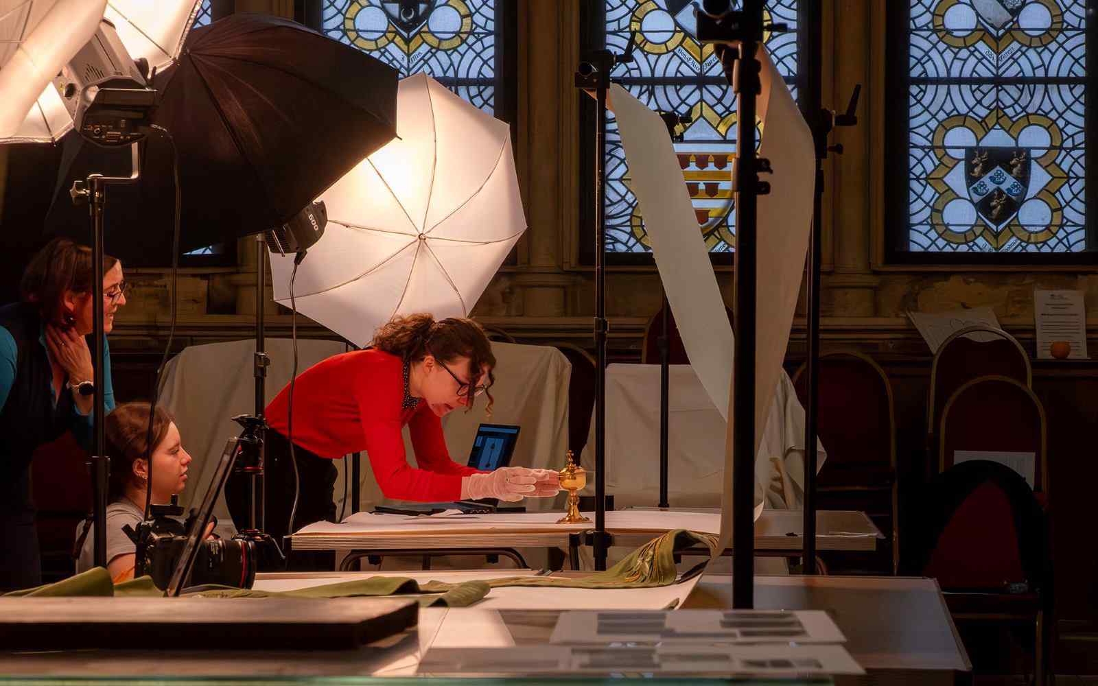 3 people working in a photographic studio set up in within York Minster
