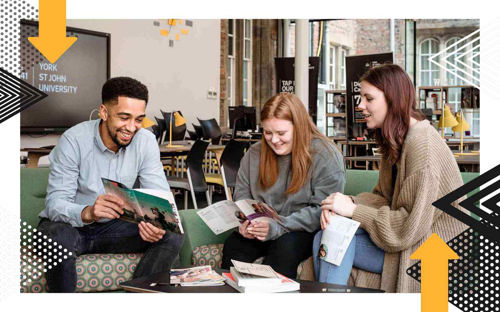 Student and staff talking about careers, with Future You brand graphics.