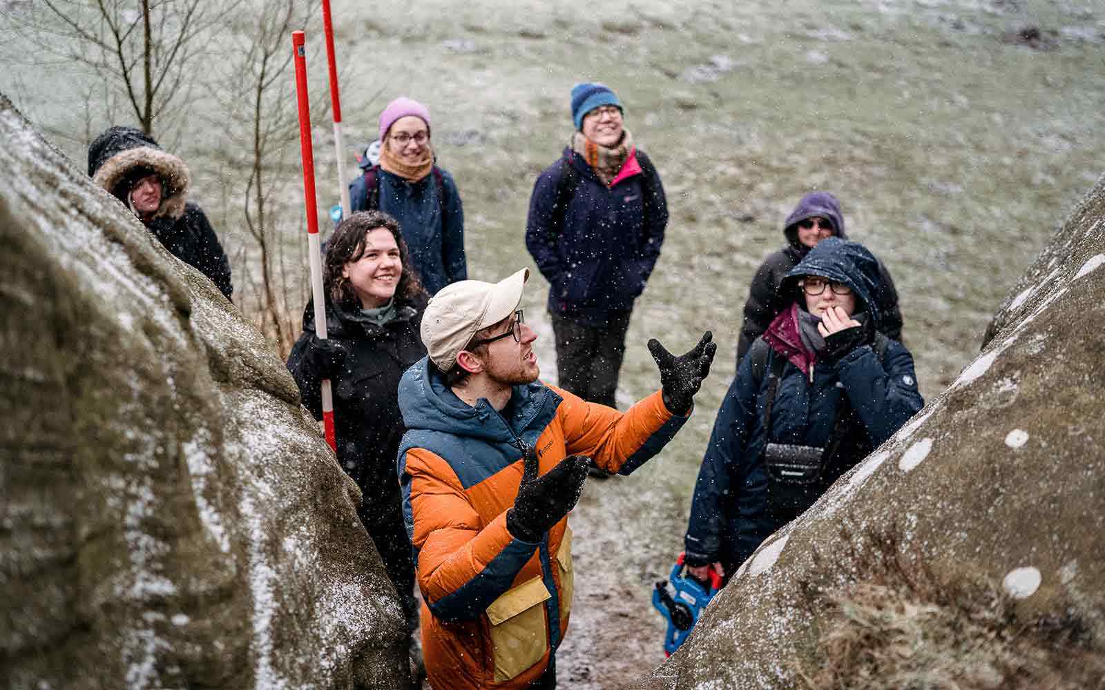 Geography students on fieldwork in the snow.
