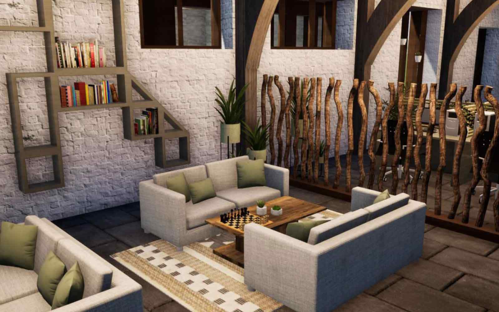 an example of student interior design work - a digital rendition of a living room space