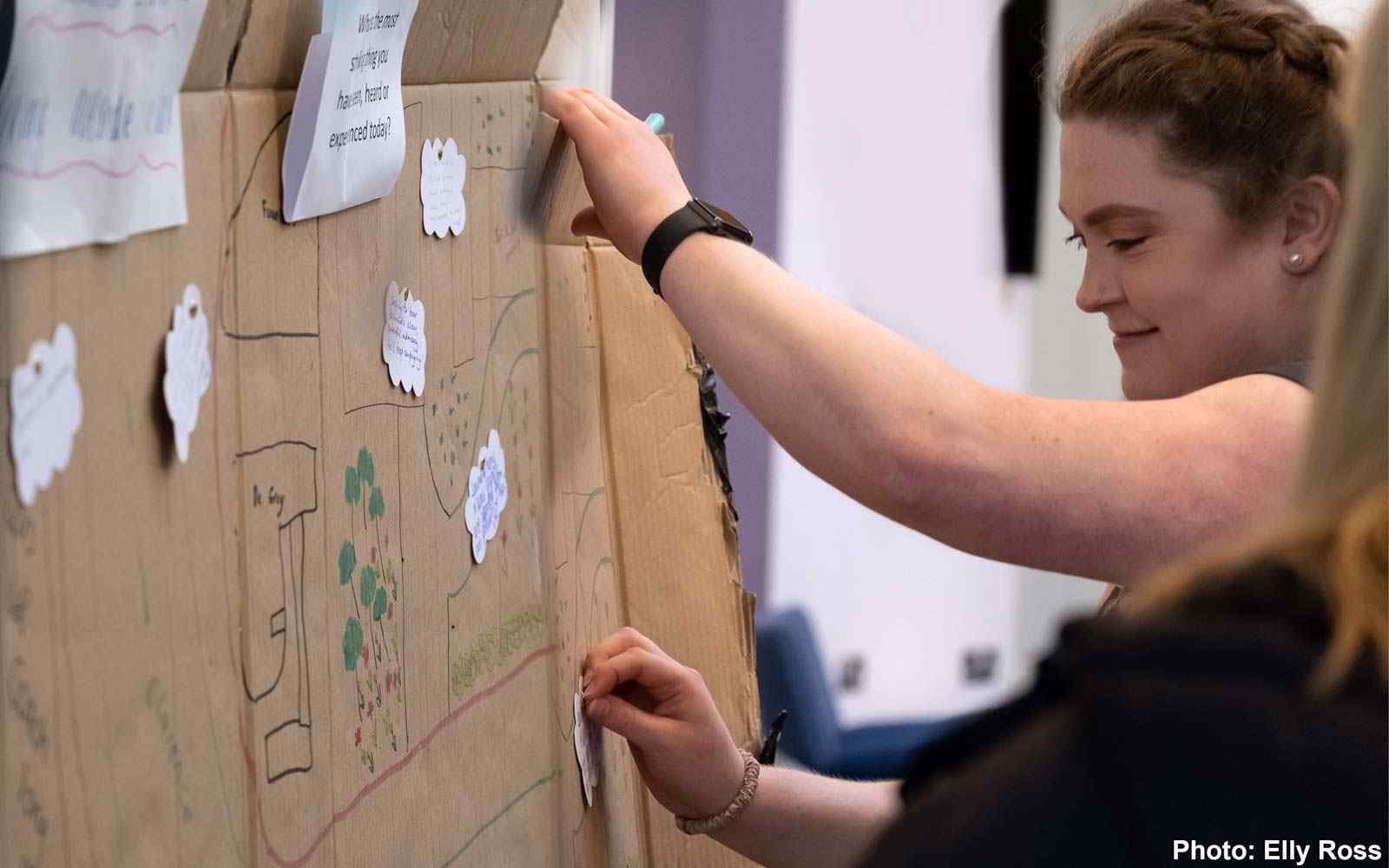 Student putting notes onto map drawn on cardboard.