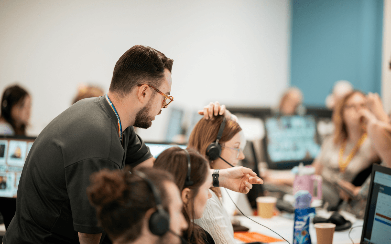 Staff and students taking calls in the clearing hotline room on results day