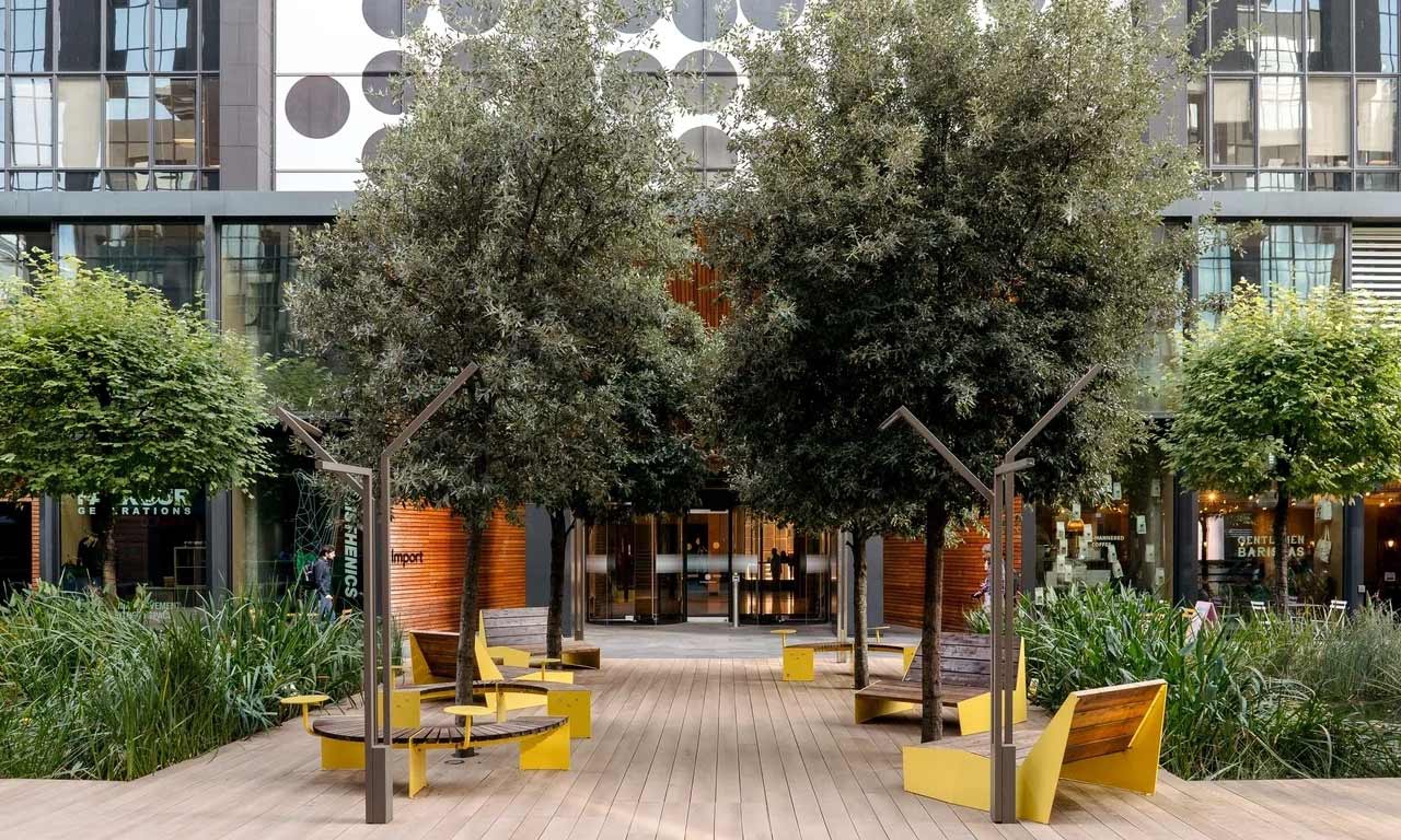 Entrance to YSJ London Campus, with trees and seating. 