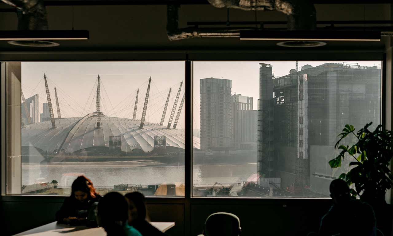Views of the Thames river and O2 arena from York St John London Campus. 