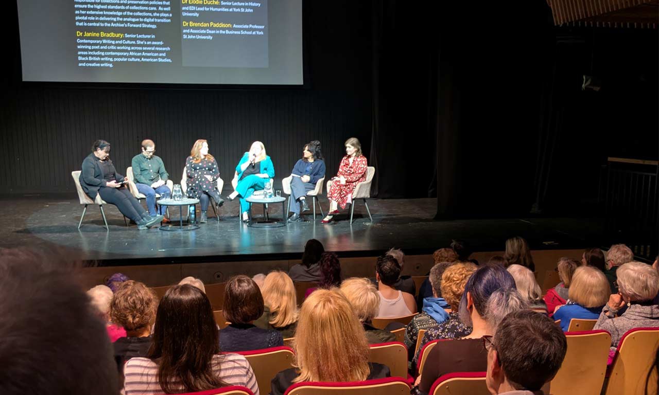 On-stage panel discussion at Women in York film premiere event on York St John campus. 