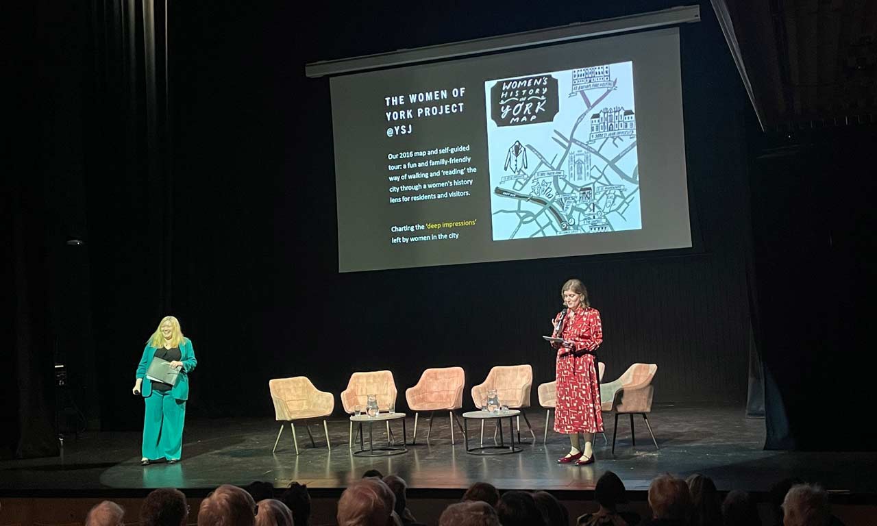 On-stage discussion of the Women in York map at Women in York film premiere event on York St John campus. 