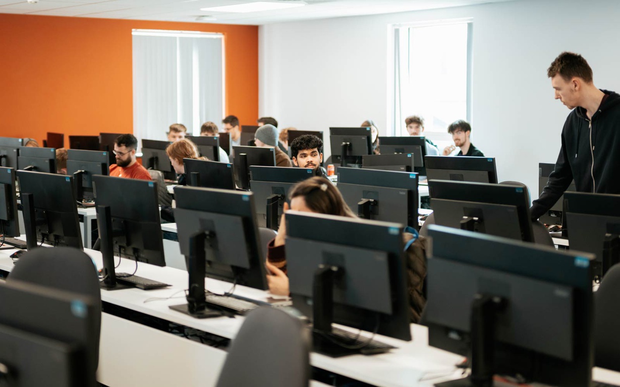 Students using a computer suite. 