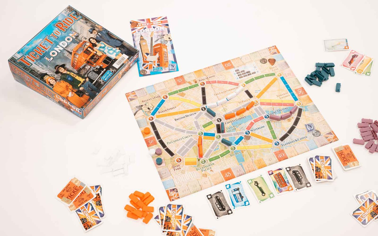 The box, board, cards and player pieces for the London edition of Ticket to Ride. 