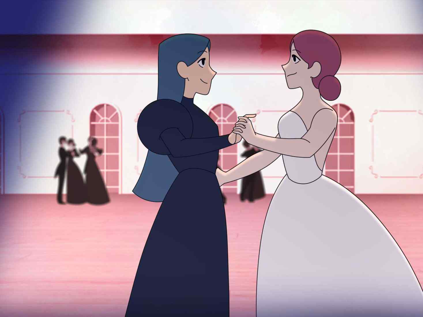 An animation of two people dancing at a ball 