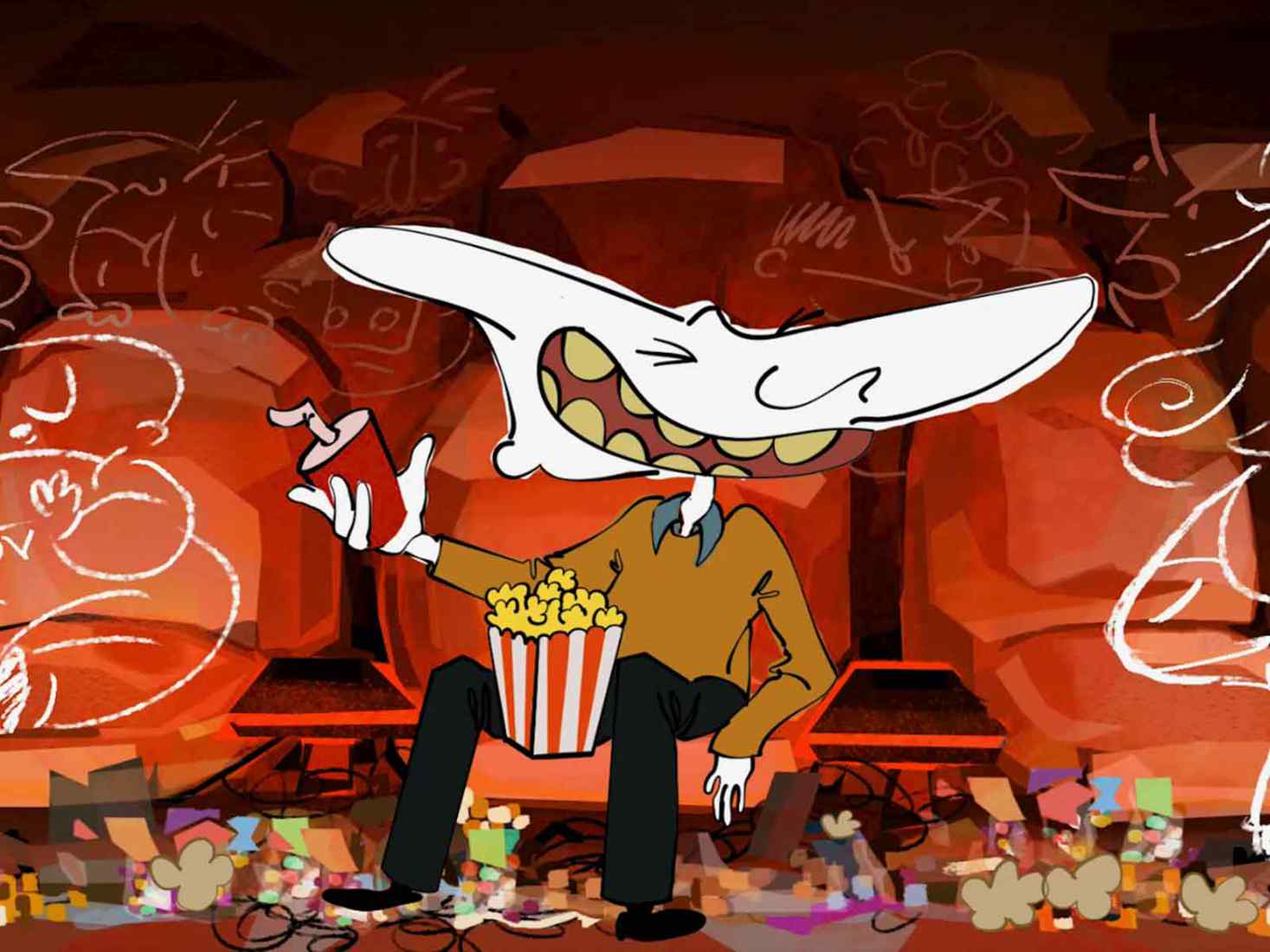 A cartoon of someone with a shark head eating popcorn 