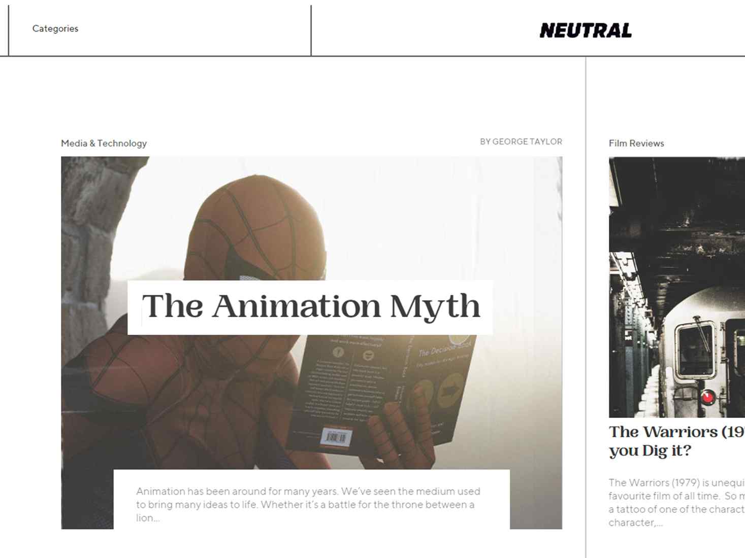 Screenshot of Neutral Magazine website, featuring an article titled The Animation Myth. 