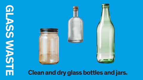 Poster with the title 'Glass waste'. Images show glass bottles and a jar. Text reads: Clean and dry glass bottles and jars. 