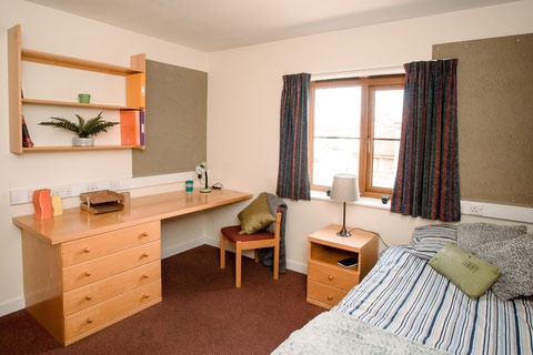 Bedroom at Limes Court accommodation site, with bed, desk and chair, bedside table, shelves and noticeboard. 