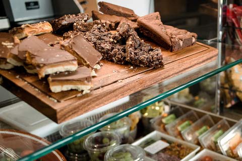 Desserts on display in a campus cafe. 