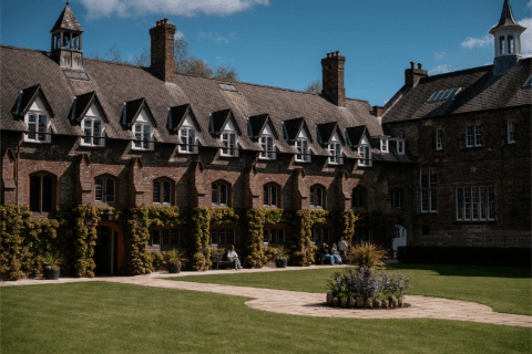 Image of the quad building. Students can bee seen in the background sat on benches. 