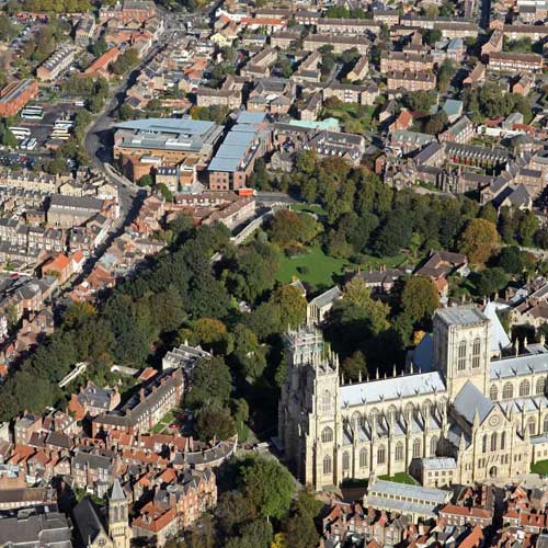 Aerial view of York including YSJ campus and York Minster. 
