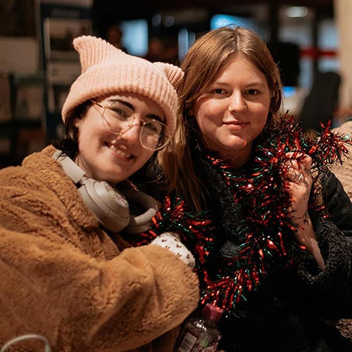 Students wearing tinsel at Minster 